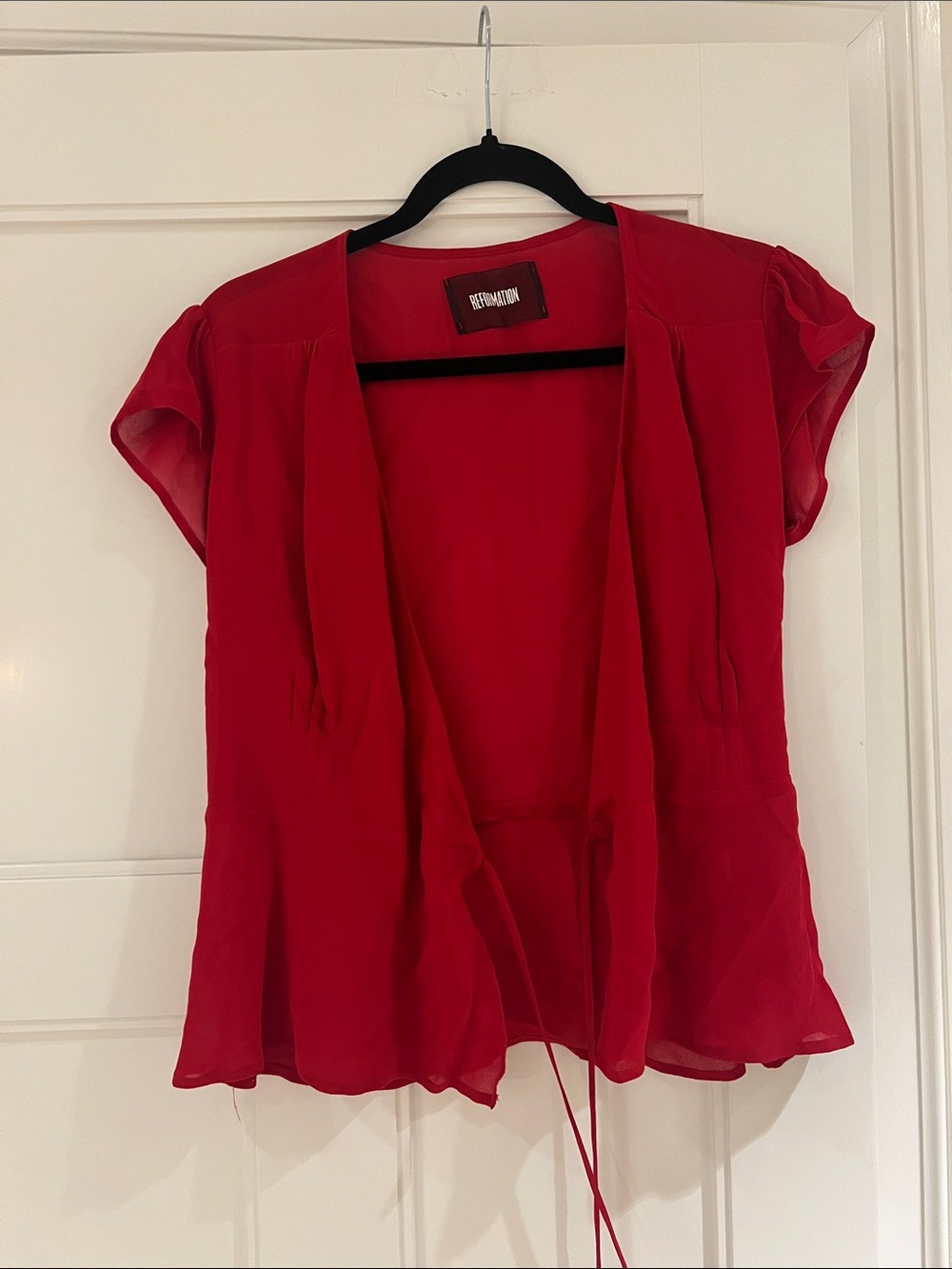 Reformation Red Short-Sleeve Open-Front Tie Blouse